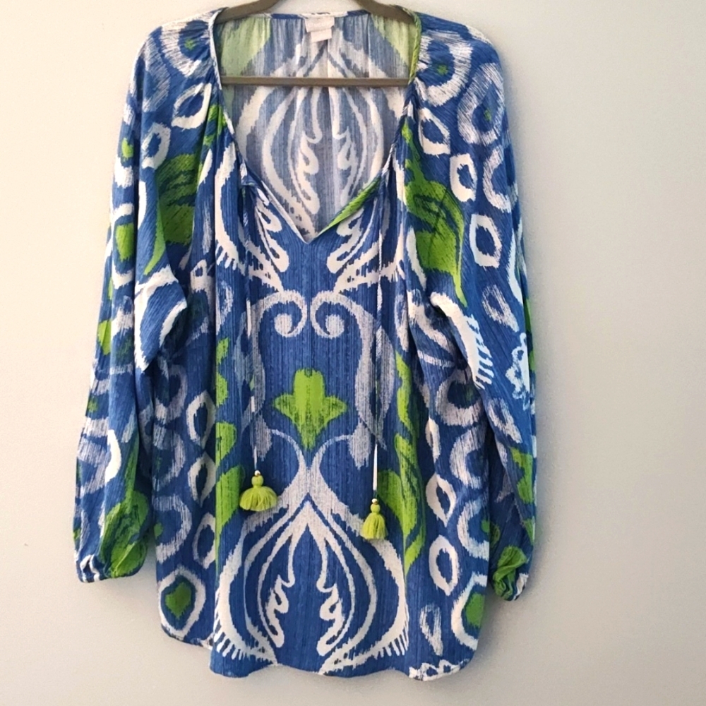 Chicos Lotus Tunic Size 3 16-18 Peasant Poet Bohemian Artsy Blue Green & White